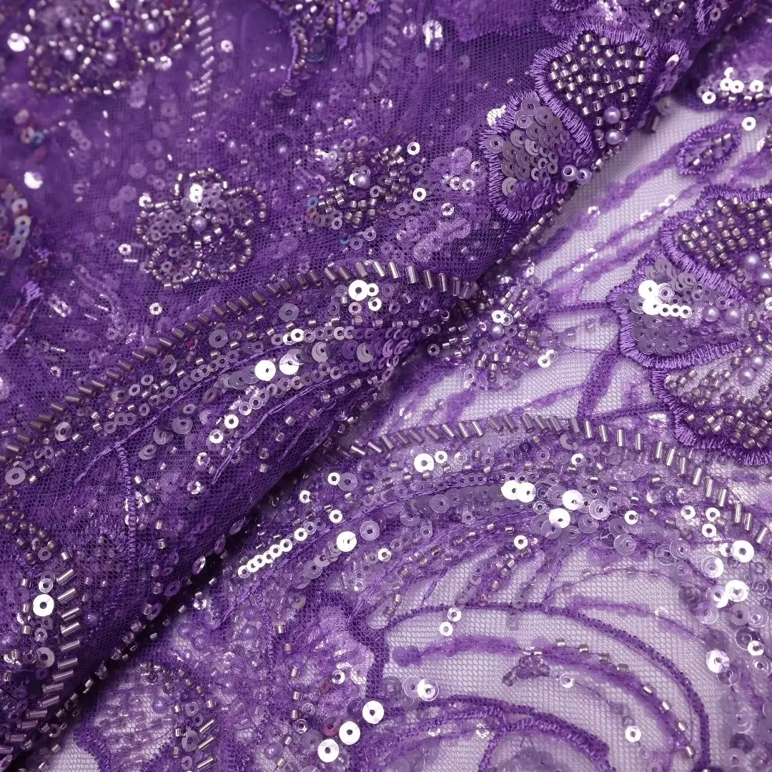 AfricanLaceFabric2022HighQualityPurpleSequinBeadedFabric
