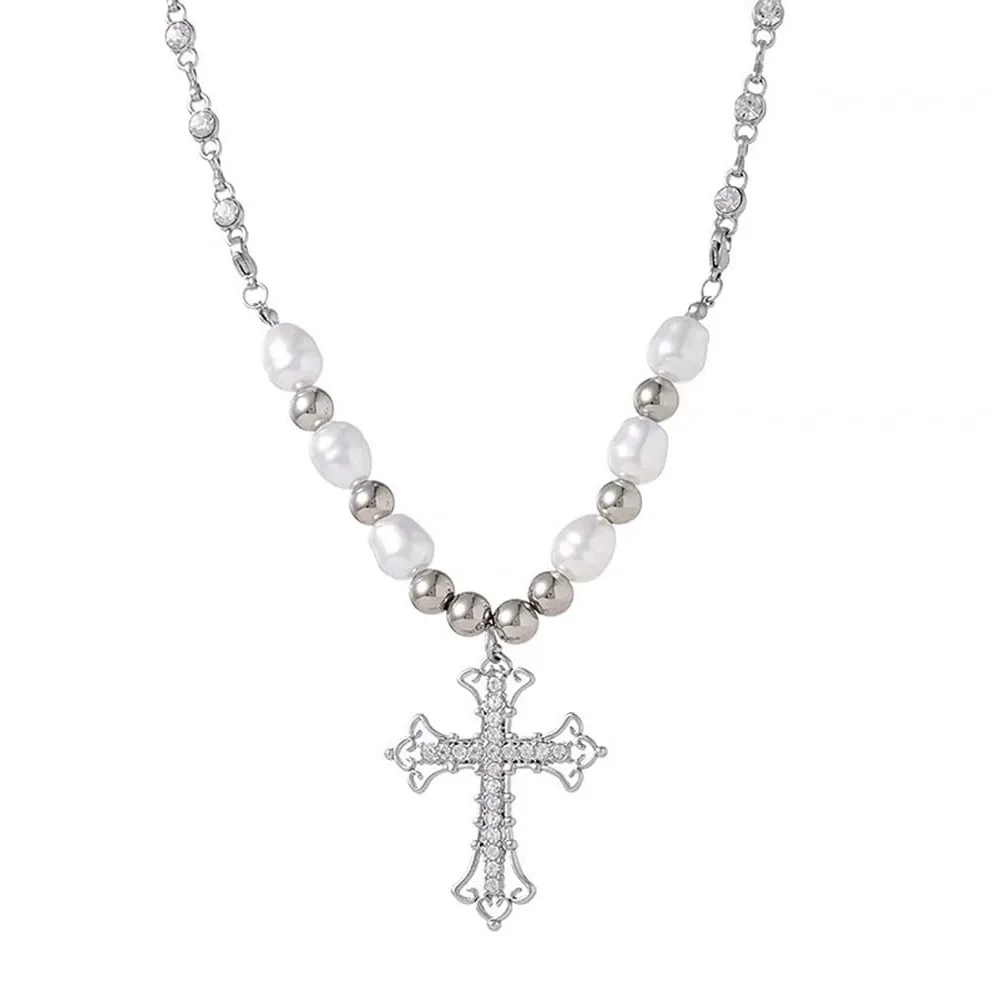

Y2k Pearl Choker Necklace Exquisite Irregular Cross Pendant Trendy Necklace Aesthetic Chain Necklaces for Women