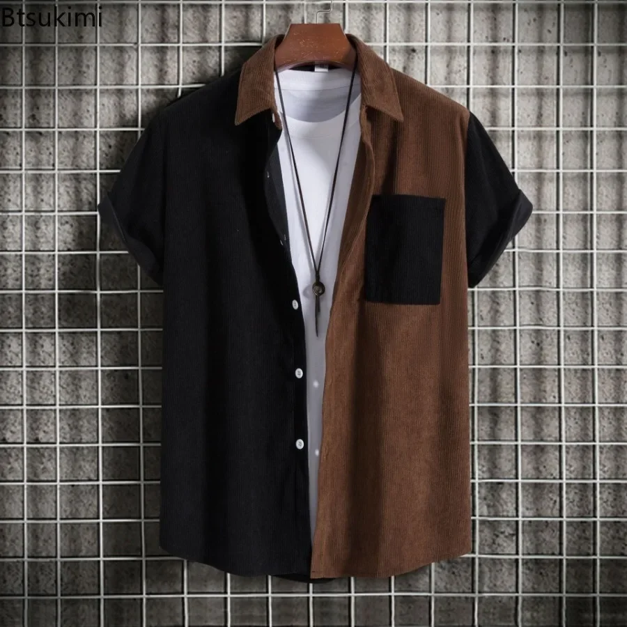New Men's Corduroy Short Sleeve Shirts Fashion Patchwork Lapel Striped Shirts Coats Men Casual Loose Colorblock Tops Blouse