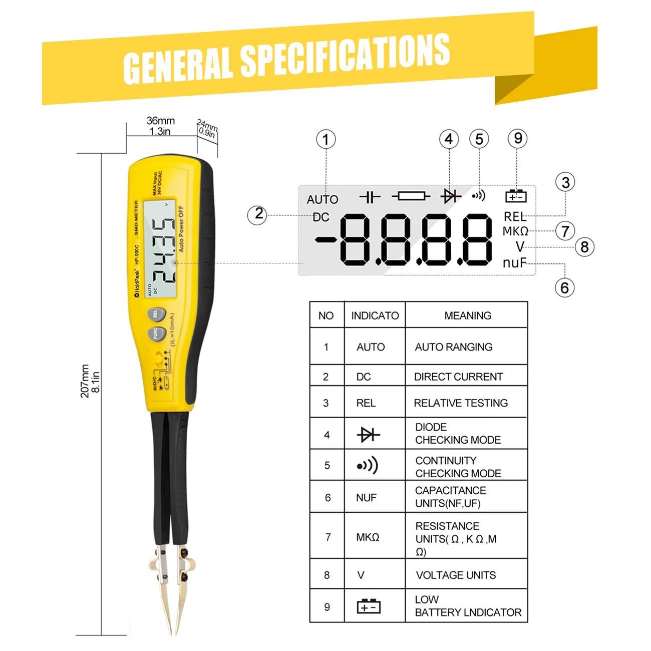 HoldPeak SMD 부품 테스터 6000Ct ±1% Res 자동 범위 조정 REL 골드 핀 CE (SMD 분류, PCB 재작업, 프로토타입 디버깅용)