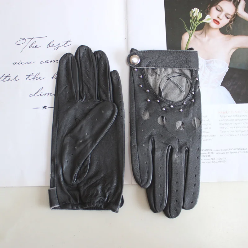 New Women's Sheepskin Gloves Thin Unlined Rivet Style Colored Driving Leather Gloves