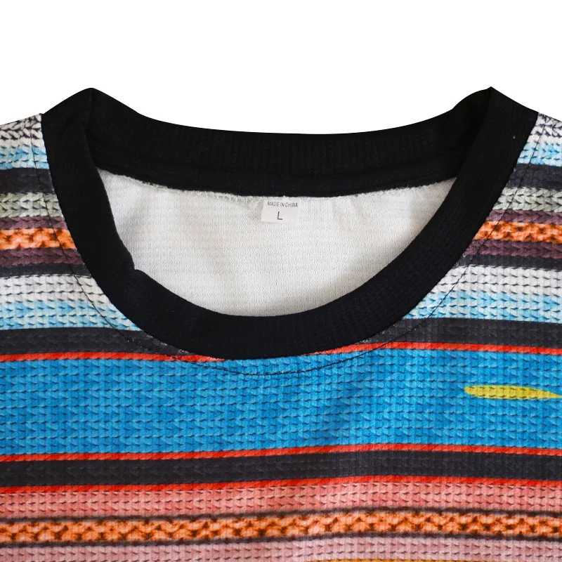 Spring and autumn men's loose crew-neck hoodie Waffle print color strip casual bottom sweater