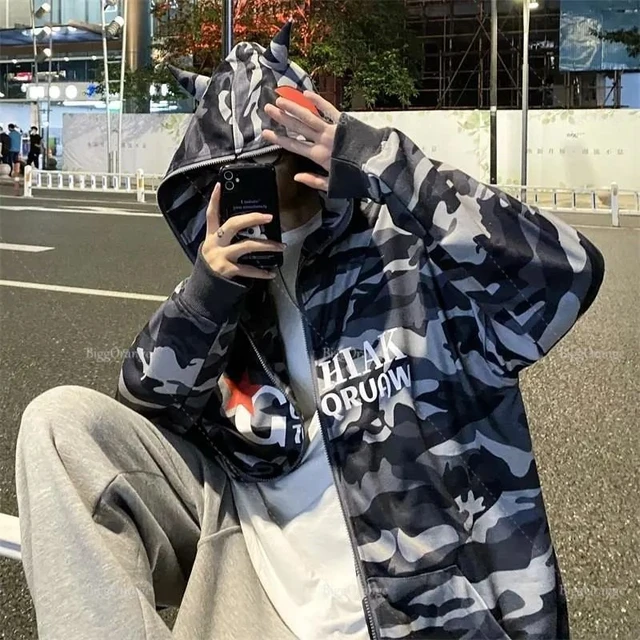 Camouflage Demon Print Hoodies Oversized Zip Jacket Harajuku Vintage Coat  American Sweatshirt 5XL Tops jackets for Men And Woman - AliExpress