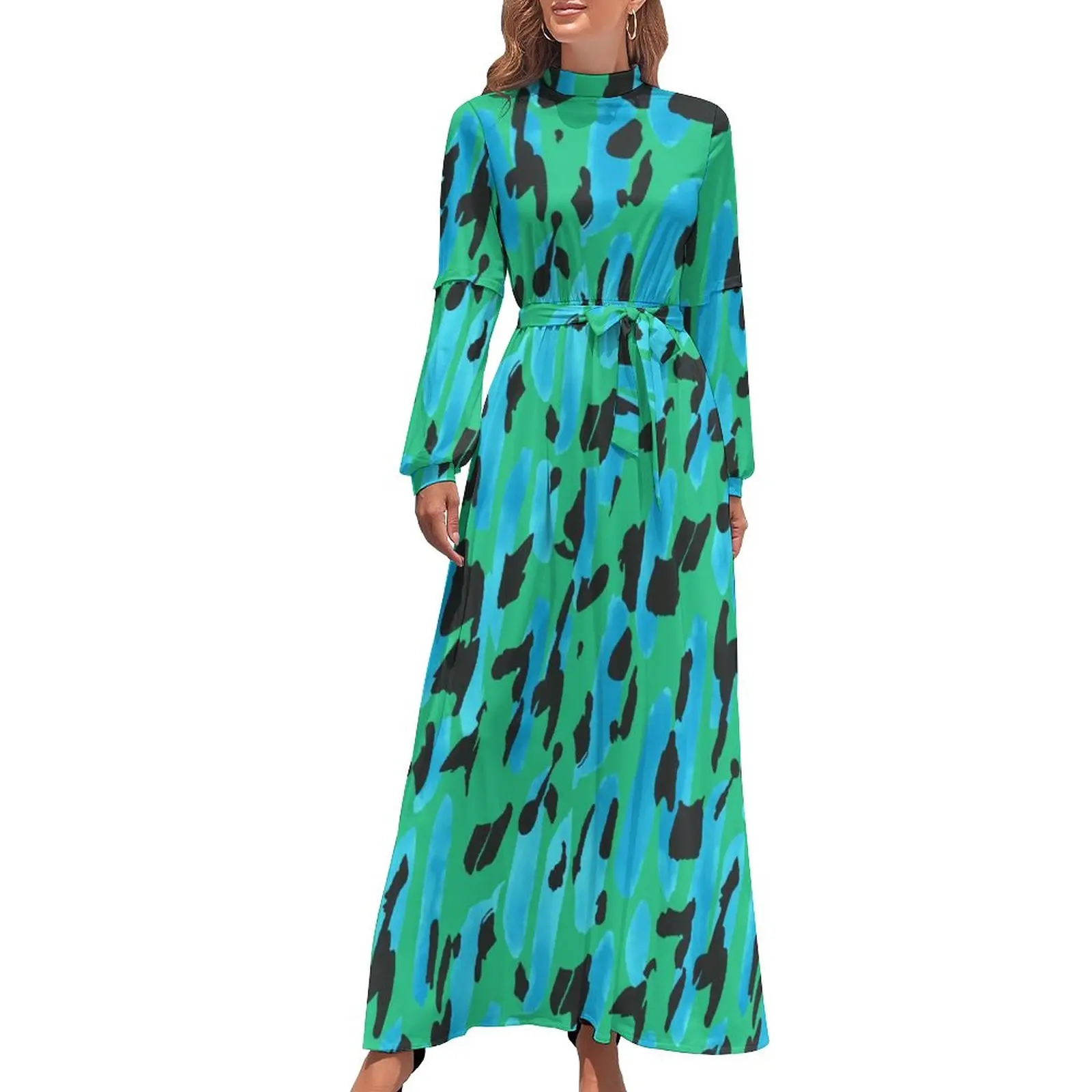 

Colorful Camo Dress Dot Print Elegant Design Maxi Dress High Waist Long Sleeve Casual Beach Long Dresses