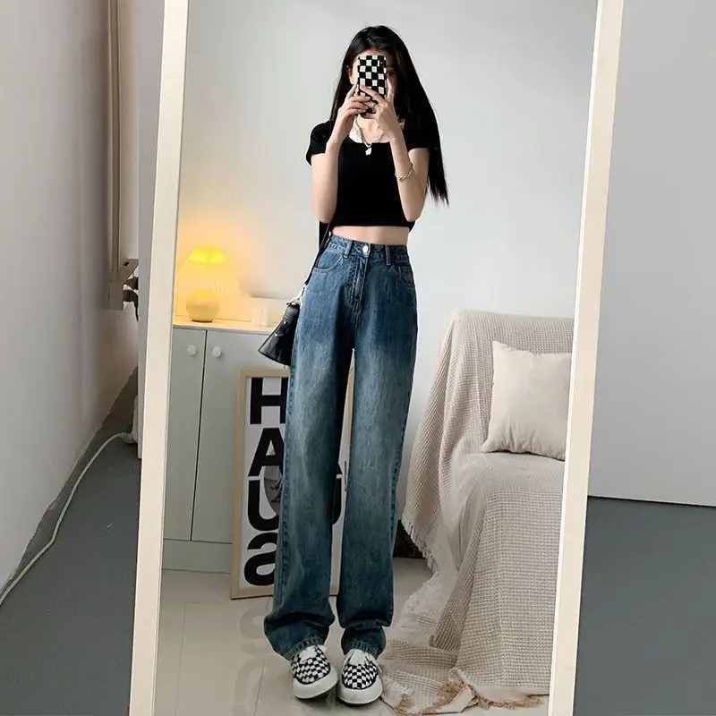 봄, 가을 한국 스타일 인스 레트로 스트레이트 하이웨이스트 여성용 청바지, 다용도 트렌디 루즈 슬리밍 와이드 레그 아빠 바지