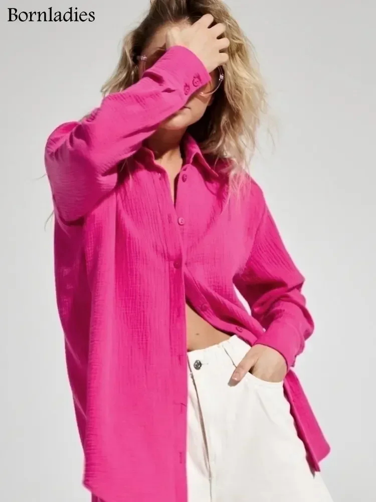 Bornladies 2025 Women's Spring Summer 100% Cotton Shirts Office Lady  Fashionable Solid Lady Long Sleeve Loose Tops Crepe Shirts