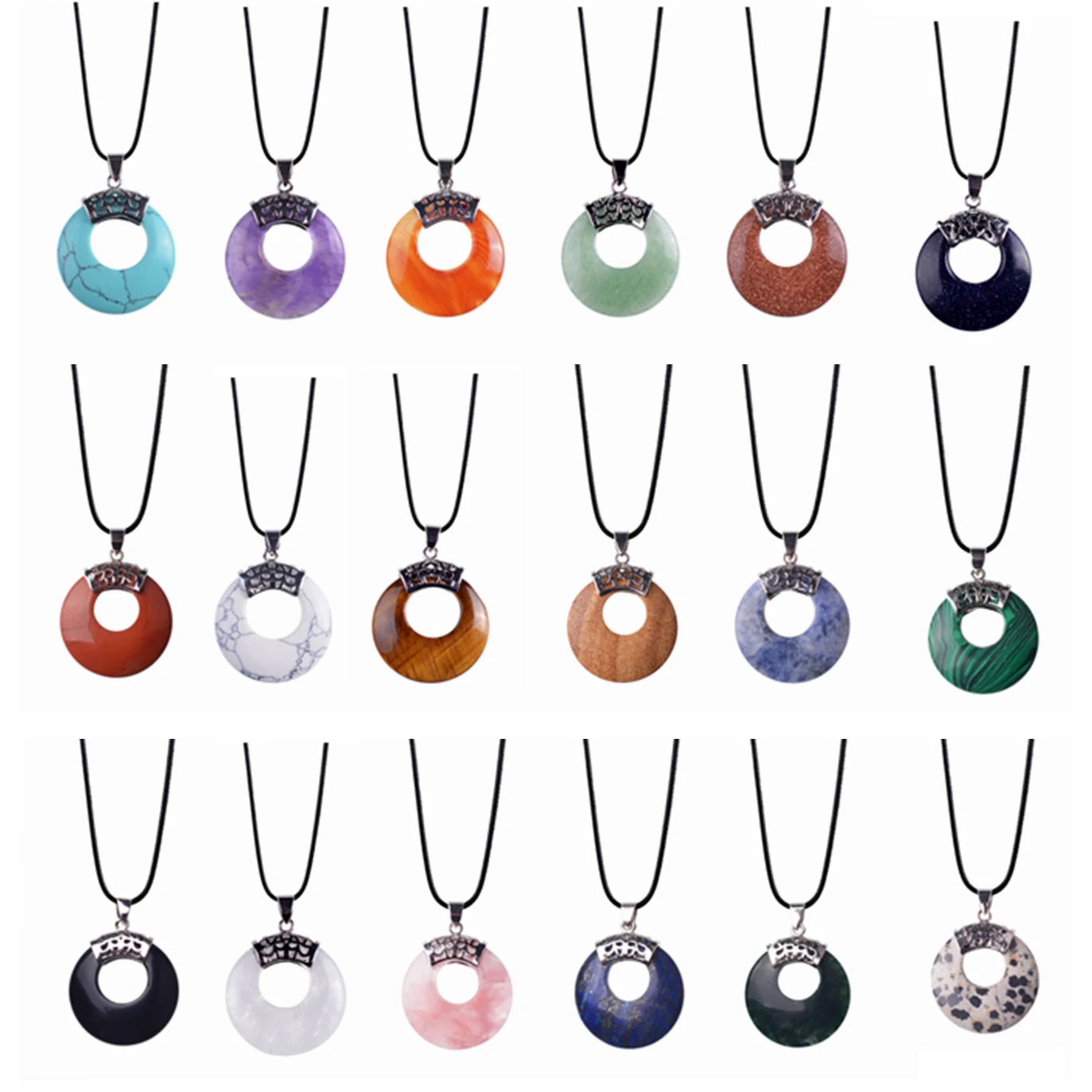 

Natural Gemstone Donut Pendant Necklace 45CM Chain Healing Crystals Amulet Lucky Charm Circle Pinan Coin Jewelry