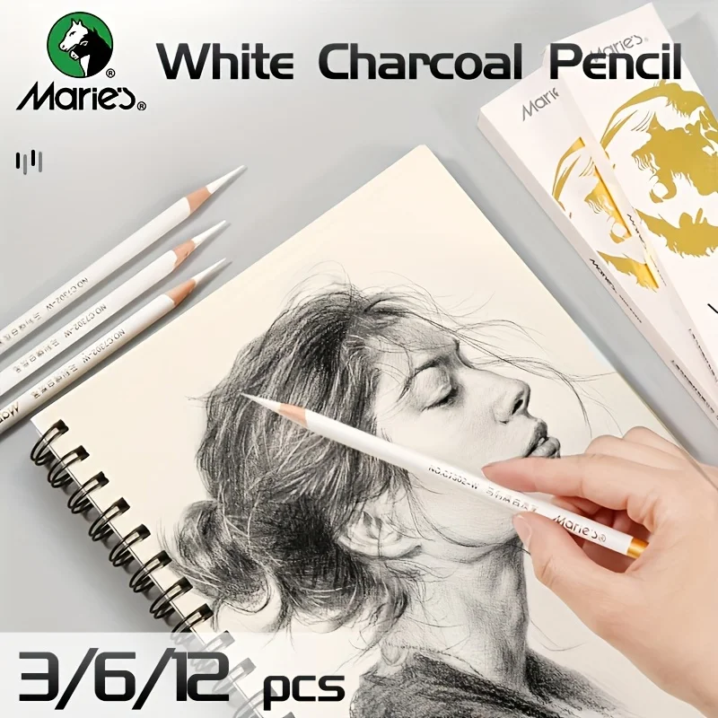 Marie's 3/6/12pcs White Charcoal Pencils Set,Sketch Highlight Pencils for Drawing,Sketching,Shading,Blending for Adults,Students 4