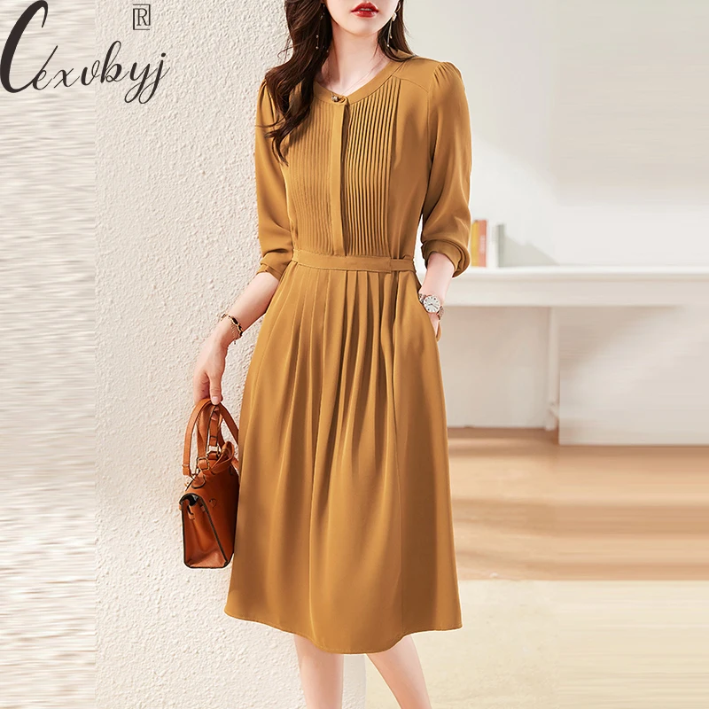 

Elegant Women Round Neck Pleated Dress Korean Style Long Sleeve Casual Vestidos Office Lady Solid Colors Midi Shirt Dress Loose