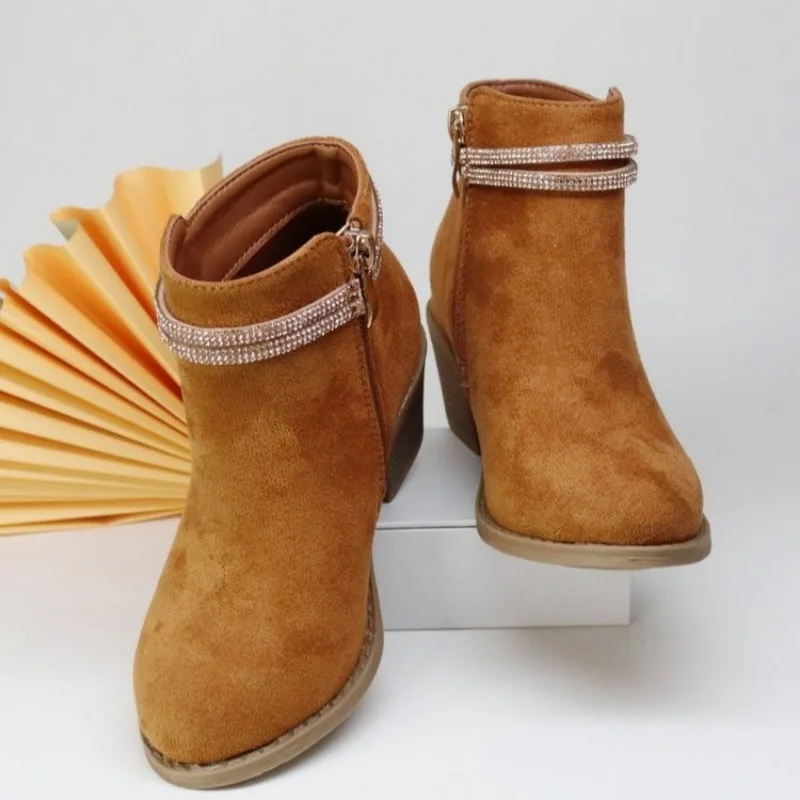 Girls Low Heel Rhinestone Boots for Kids Casual Wear