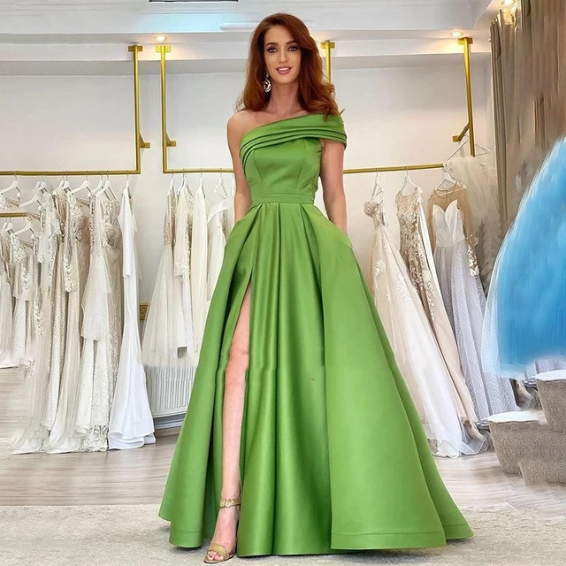 Elegant One Shoulder Prom Dress 2023 A Line Satin Side Slit Evening Gowns Vestidos Elegantes Para With Pocket Plus - AliExpress