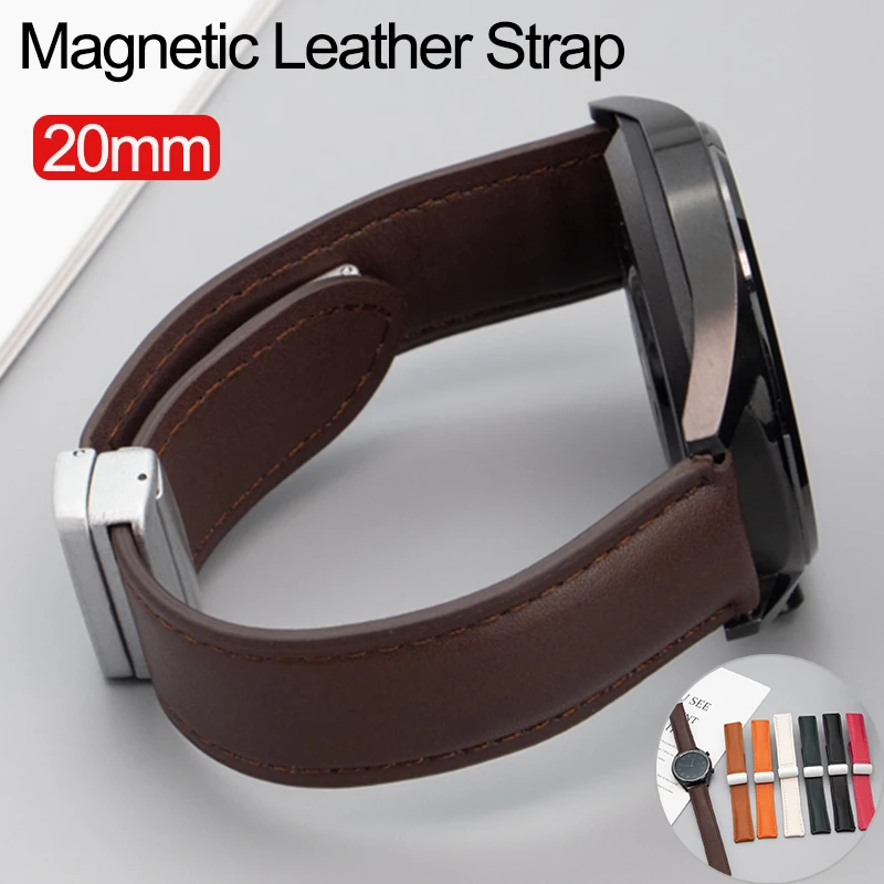 20mm Leather Strap for Samsung Galaxy Watch 6/5/4 44mm 40mm/5 Pro 45mm/Active 2/Leather Magnetic Buckle Band /Huawei Watch 42mm