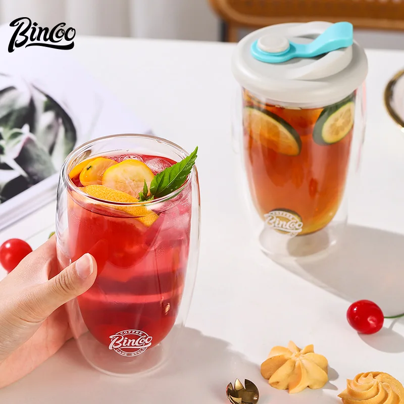 

Bincoo New Double Wall Insulated Milk Coffee Cup with Airtight Silica Gel Lid Leak-Proof Juice Drinking Cup Glass Cup