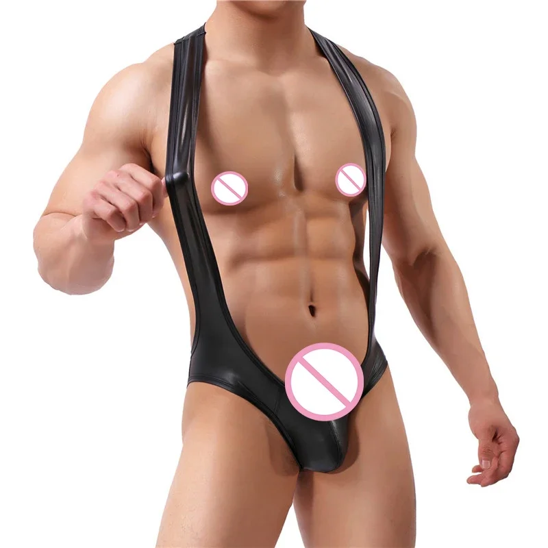 Sexy Mens Undershirts PU Leather Bodysuit One-Piece Leotard Clubwear Wrestling Singlet Gay Backless Briefs Penis Pouch Jumpsuits men underwear