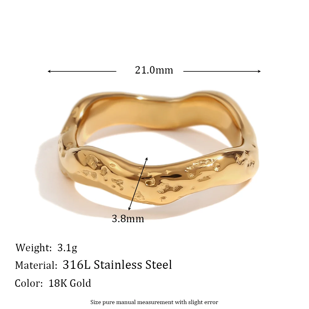 E.B.belle Beat Pattern Wave Plain Ring Waterproof Tarnish Free 18K Gold Plated Women's Rings 316L Stainless Steel Accessories