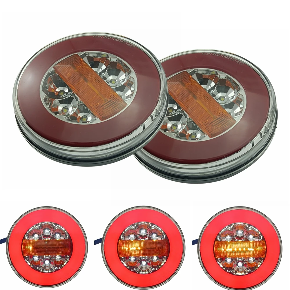 2pcs 12V/24V Round Trailer Taillight LED Tractor Van Rear Light Truck Tail Light Dynamic Flowing Turn Signal Brake Reverse Lamp