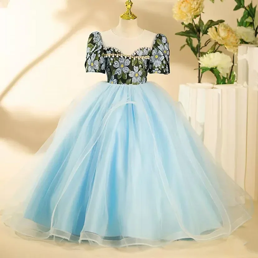 

2023 New Children's Prom Princess Evening Gown Pearls Design Kids Catwalk Birthday Party Wedding Girl's Dress Vestidos A2993