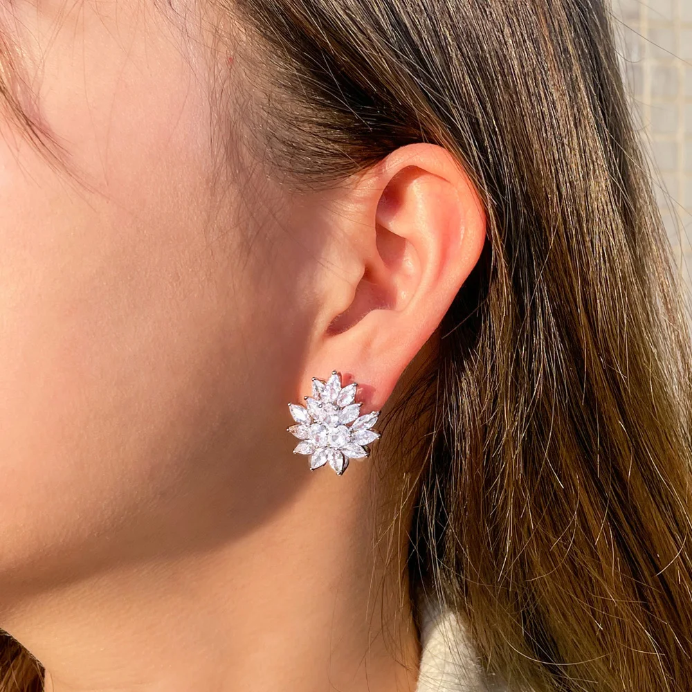 CWWZircons New Designer Flower Shape Stunning Cubic Zirconia Crystal Women Ear Clip on Earrings Without Piercing CZ196 3