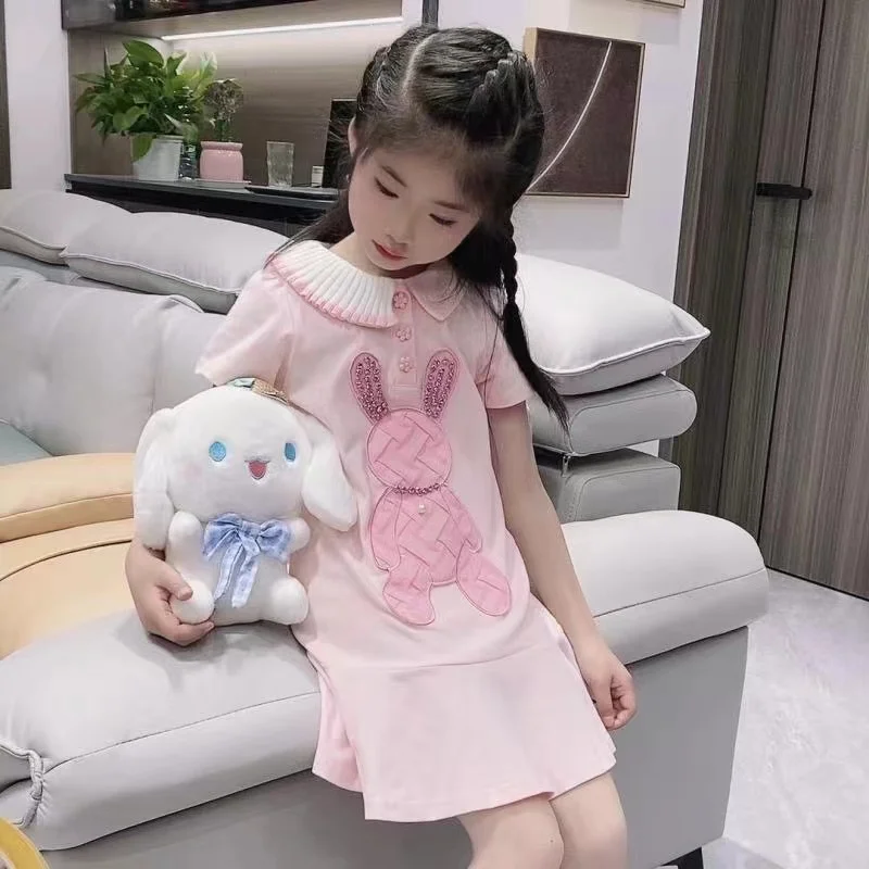 

Girl's Fashion Irregular Polo Dress Children's Summer Design Sense Small Stand Cartoon Rabbit Pink Guard Dress Girl's Dress