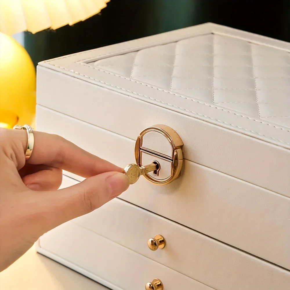 1pc Multi Functional Three Layer Leather Drawer Style Jewelry Box Earrings Earrings Lock Jewelry Box
