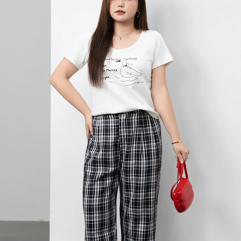 Cool And Contrasting Color Letter Printed T-shirt Plus Size Women Premium Casual short-sleeved Tops 9238