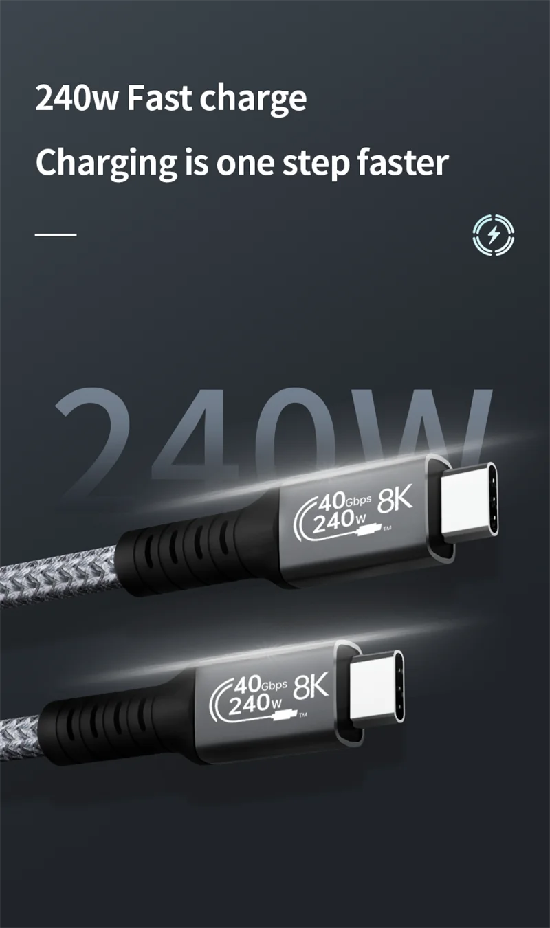 Cabo usb4 thunderbolt 4 pd 240w usb c para tipo c cabo de carregamento rápido 8k @ 60hz 40gbps cabo de sincronização de dados para iphone 15 macbook pro