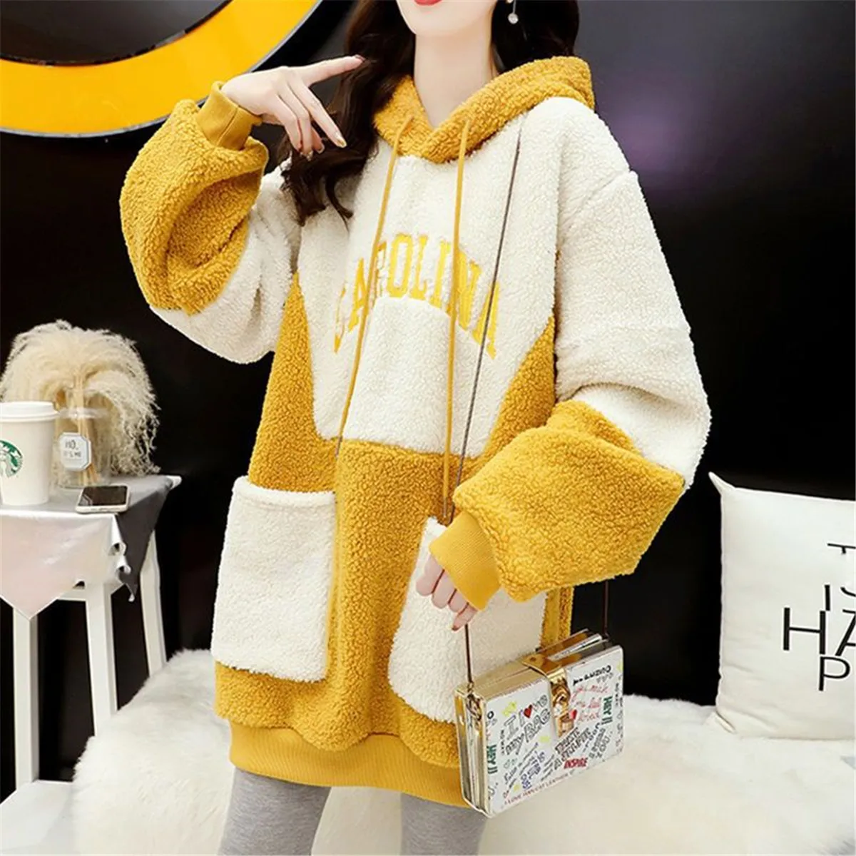 

Cool Winter Ulzzang Lamb Cashmere Hoodie Women Hip Hop Harajuku Ins Patchwork Clothes Girl Loose Kpop Vintage Sweatshirt Femme