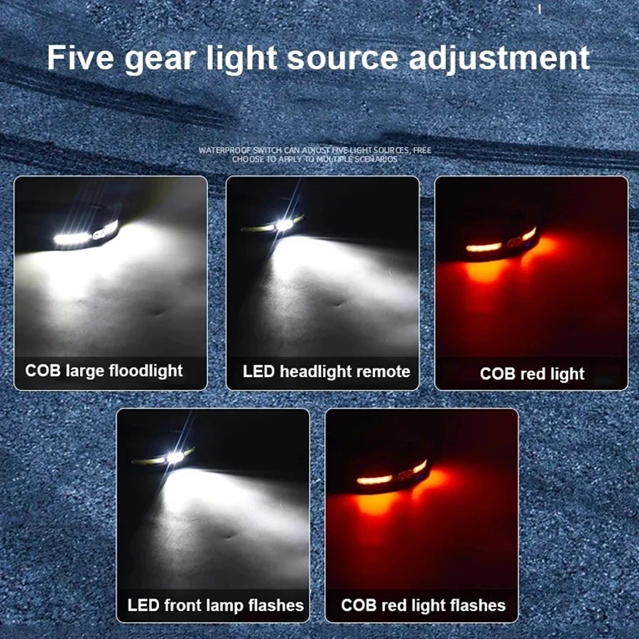높은 전원 LED COB 충전식 전조등 4 조명 모드 낚시 캠핑을위한 빨간색과 흰색 듀얼 라이트 휴대용 방수 토치