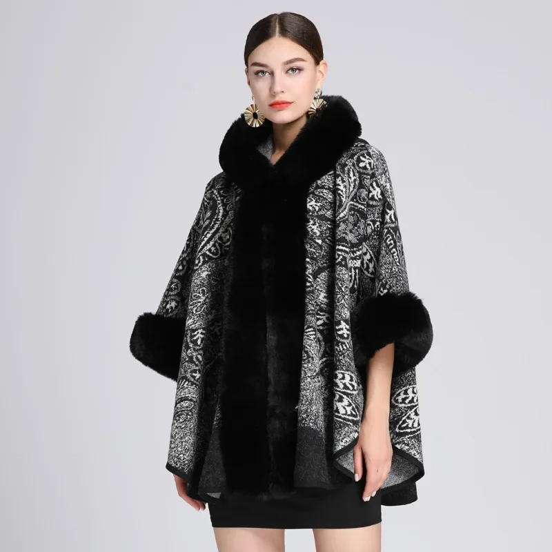 

Autumn Winter New Imitation Otter Rabbit Fur Collar Jacquard Hooded Shawl Cape Imitation Wool Ponchos Black Capes Women Cloak