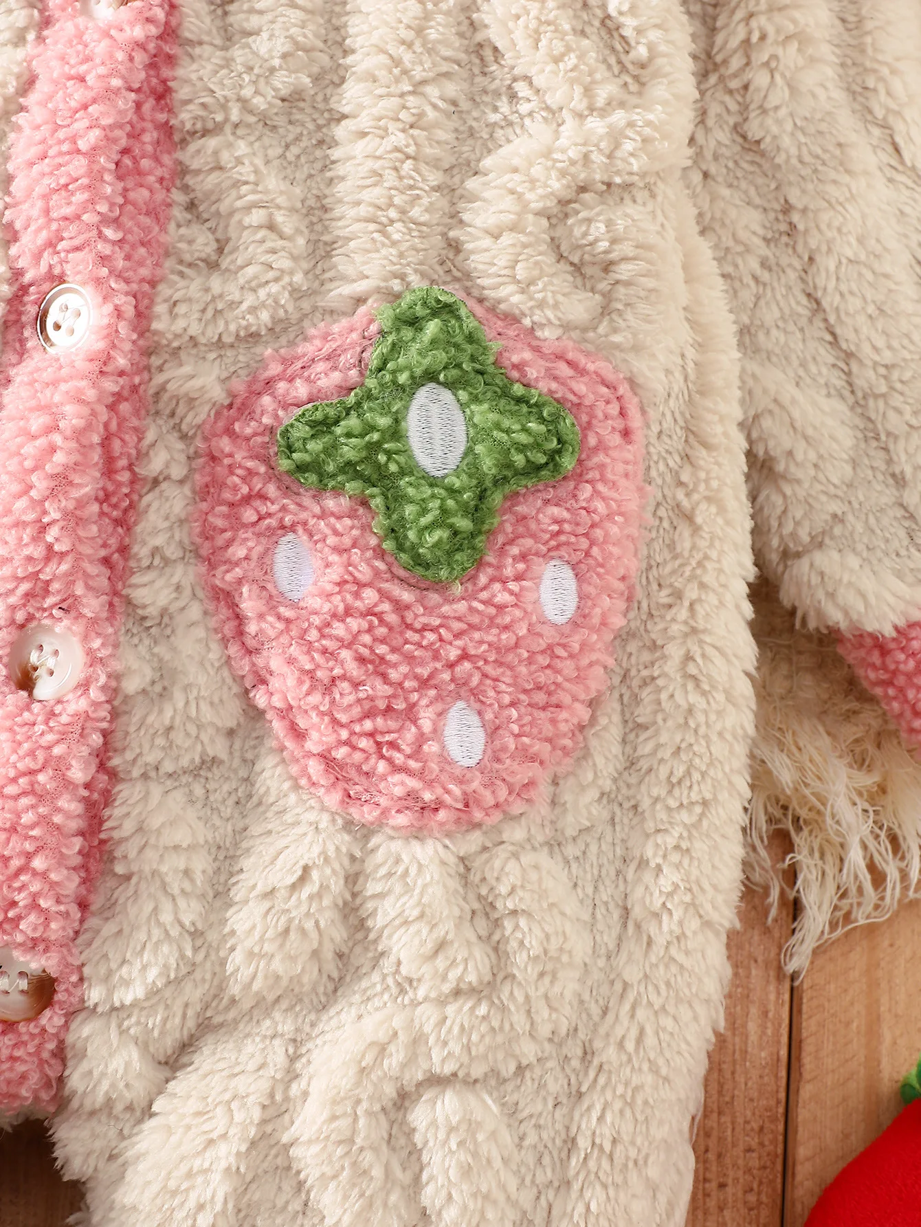 Baby Thick Double-Sided Fleece Doll Collar Romper Set Sweet 3D Strawberry Pocket Cable Knit Romper + Matching Warm Hat Soft and Warm for Winter Outings 5