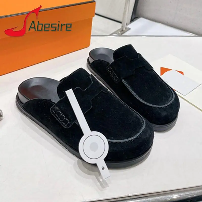 Summer New Round Toe Cow Suede Women Slippers Fashion Chunky Platform Slip-On Half Head Slipper Outdoor Comfortable Female Shoes