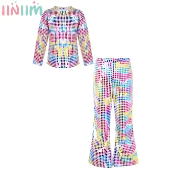 Bambini Shiny Hip Hop Jazz Street Dance Outfit top a maniche lunghe con pantaloni svasati School Party Stage Performance Dancewear