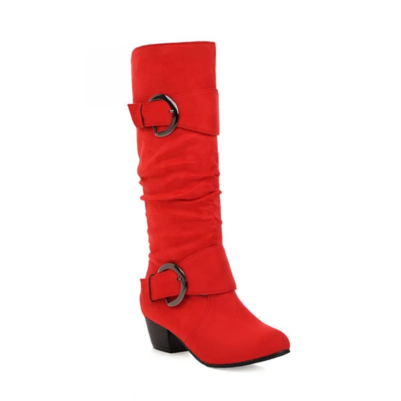 Women High Heel Boots Lady Buckle Wedges Heels Knee Boots Round Toe Flock Sewing Boots