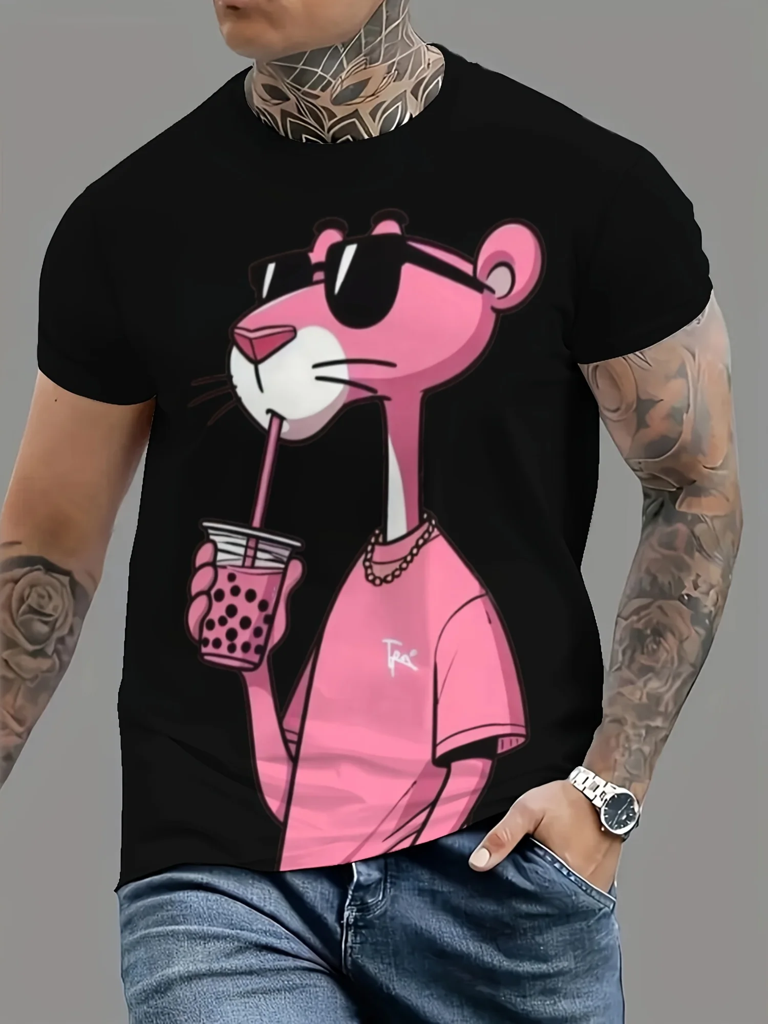 Summer New Mens T-shirts Cartoon Pink Panther Print Short Sleeve O-neck Tees Casual Loose Daily Sports Oversized Unisex Tops 2
