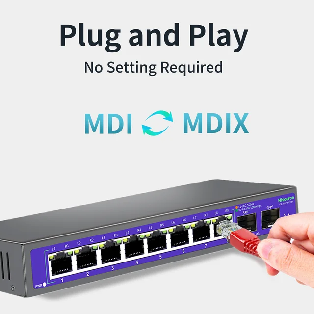 Hisource 2.5G None-POE Network Switch 5 8 Port  Ethernet Switch with 2*10G SFP+ for IP Camera/NVR