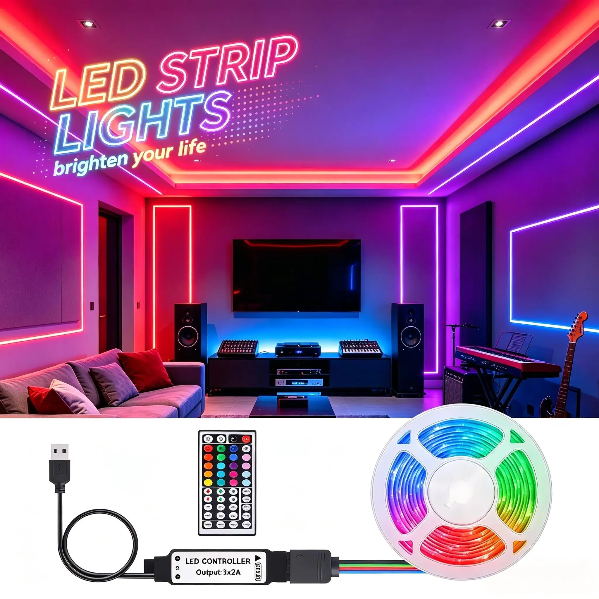 Indoor RGB Light Strip with 44-Key Remote Control, USB Powered, and Multiple Lighting Modes. Suitable for Festivals and Weddings