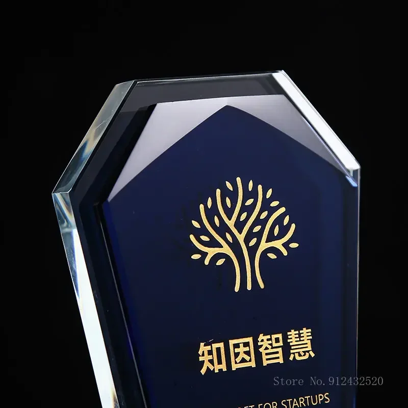Customization Creative Blue Transparent Crystal Trophy Outstanding Employee Annual Meeting Honor Award Engraved Medal Decor, 1Pc