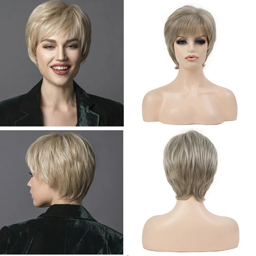 Lady Short Wigs White Blonde Synthetic Straight Hair Pixie Cut For Women Wig With Bangs Daily Use Heat Resistant Fiber HeadCover