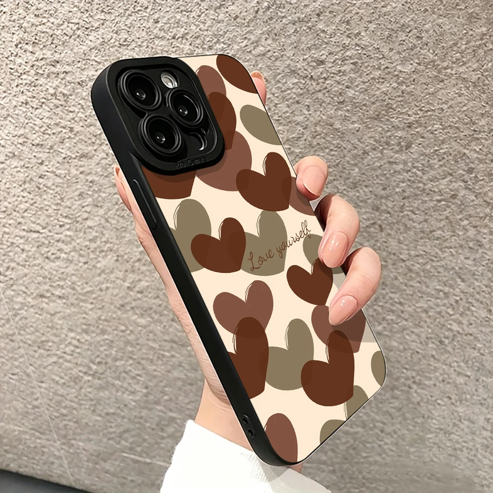 Cream Base Coffee Brown Heart Print Silicone Phone Case