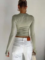 T-shirt à manches longues et col rond pour femme, haut court, coupe couvertes, trous pour les pouces, monochromatique, mode estivale, 03/Streetwear 3