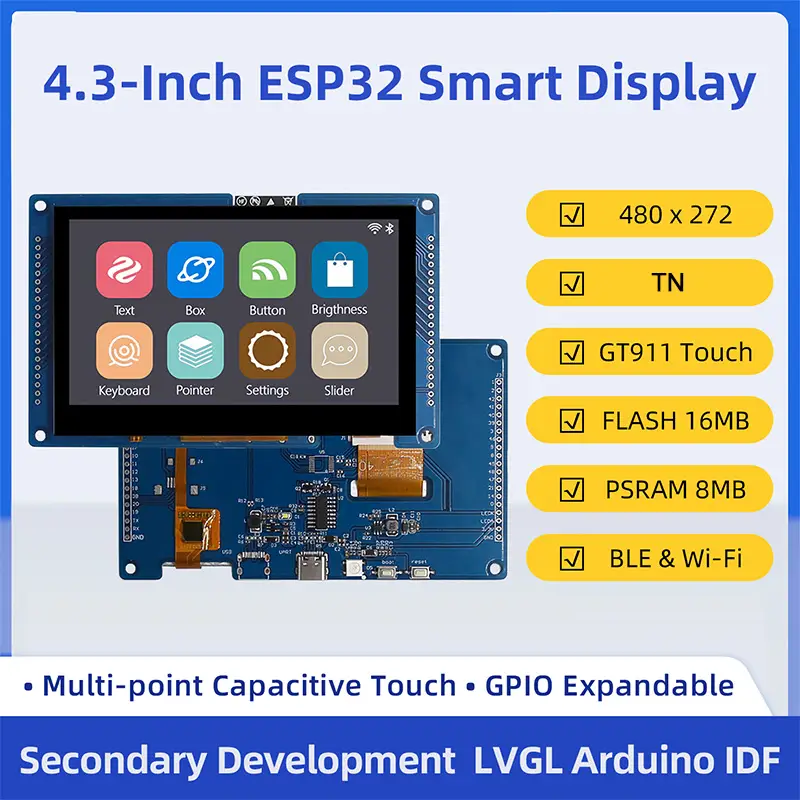 ESP32 S3 4.3 Inch 480*272 Capacitive Touch Screen 8MB PSRAM 16M Flash 240 MHz Development Board for LVGL WIFI Bluetooth image 1