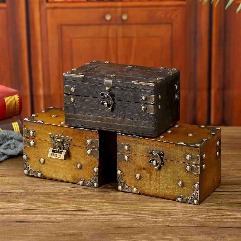 Vintage Wooden Pirate Treasure Chest Small Jewelry Trinket Box With Locks Party Favor Decor Coin Box Treasure
