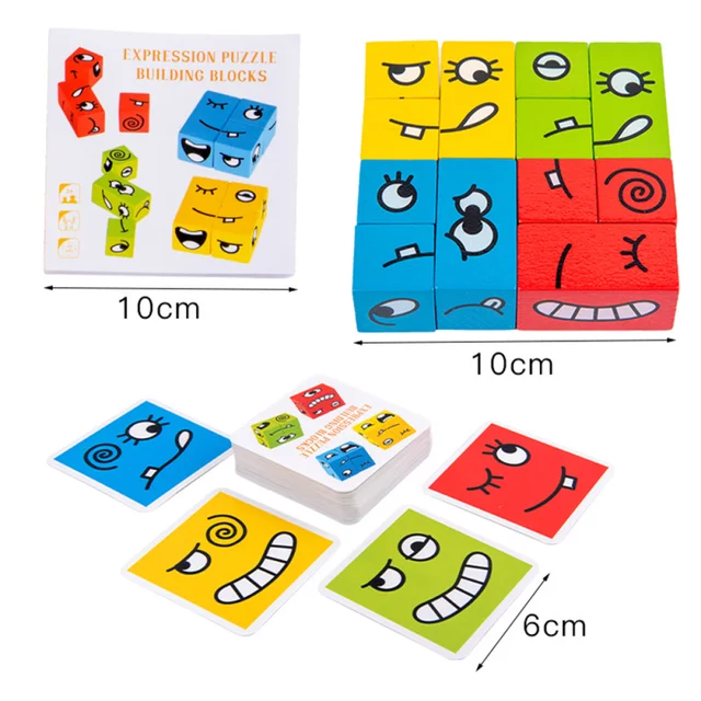 Cartoon Cube Face Changing Building Blocks Board Game Wooden Puzzle Montessori Toy Anxiety Stress Relief Toys For Children Kids 6