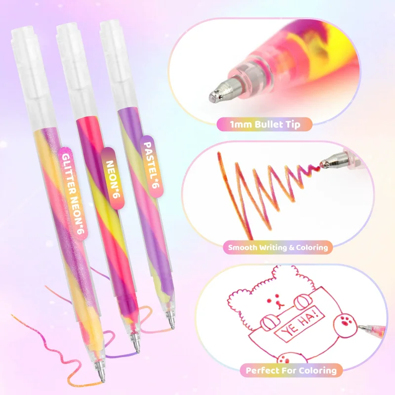 18 Colors Rainbow Gradient Gel Pens Set-1.2mm Bullet Tip for Journaling, Scrapbooking, Doodling & Handbook Decoration