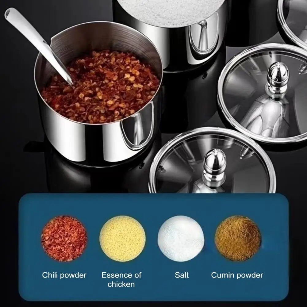 1/2/3Pcs Seasoning Jar Stainless Steel Container With Glass Lid And Spoon Kitchen Countertop Coffee Bar Sugar Bowl For Spices