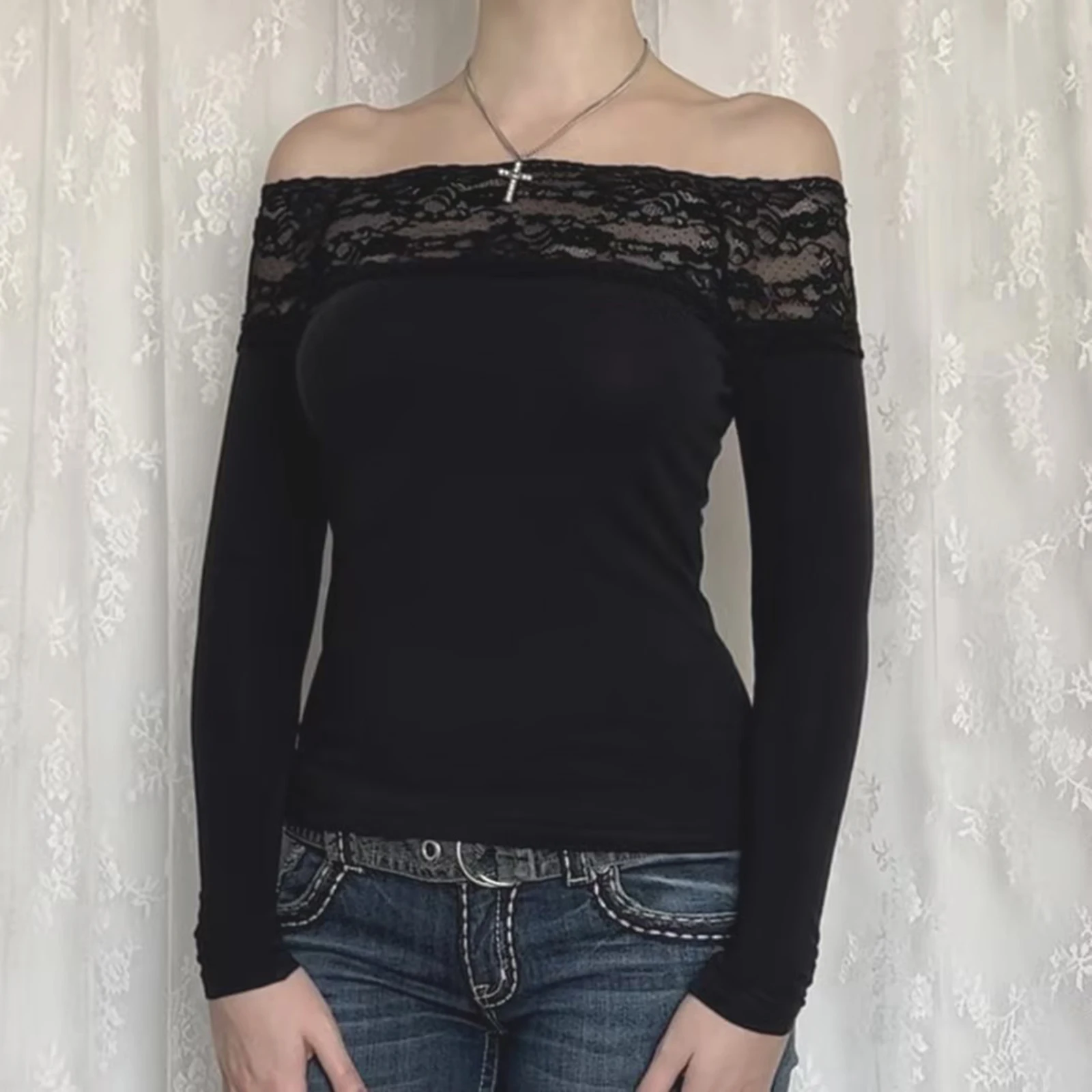 Women’s Lace Patchwork Crop Tops Off Shoulder Long Sleeve Solid Color Slim Fit T-Shirts Blouses