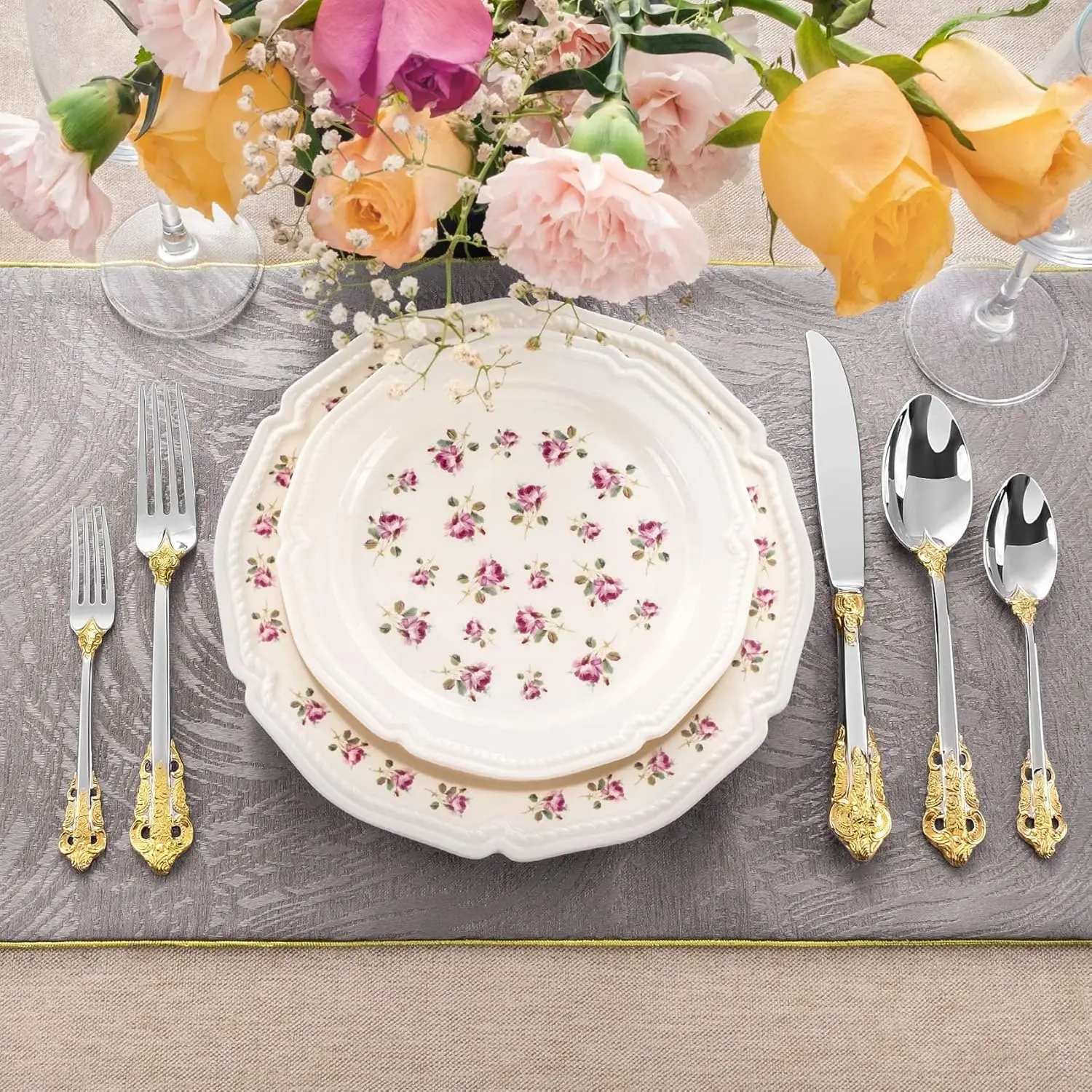 Luxury 65 Pieces Stainless Steel Flatware set Service for 12 silver plated with gold accents Fine Silverware set Dishwasher Safe