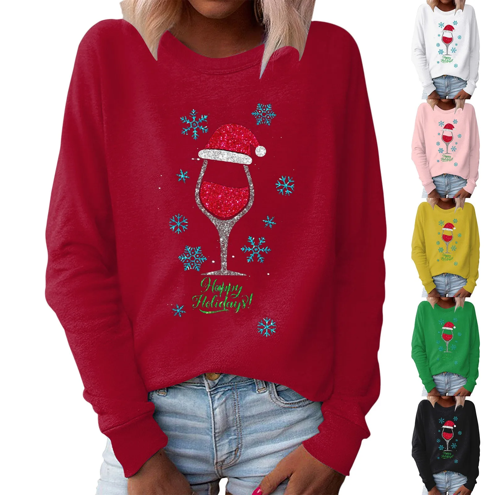 

Women's Christmas Crew Neck Sweatshirt Long Sleeve Fleece Sweatshirt Holiday Pattern Shirt Full