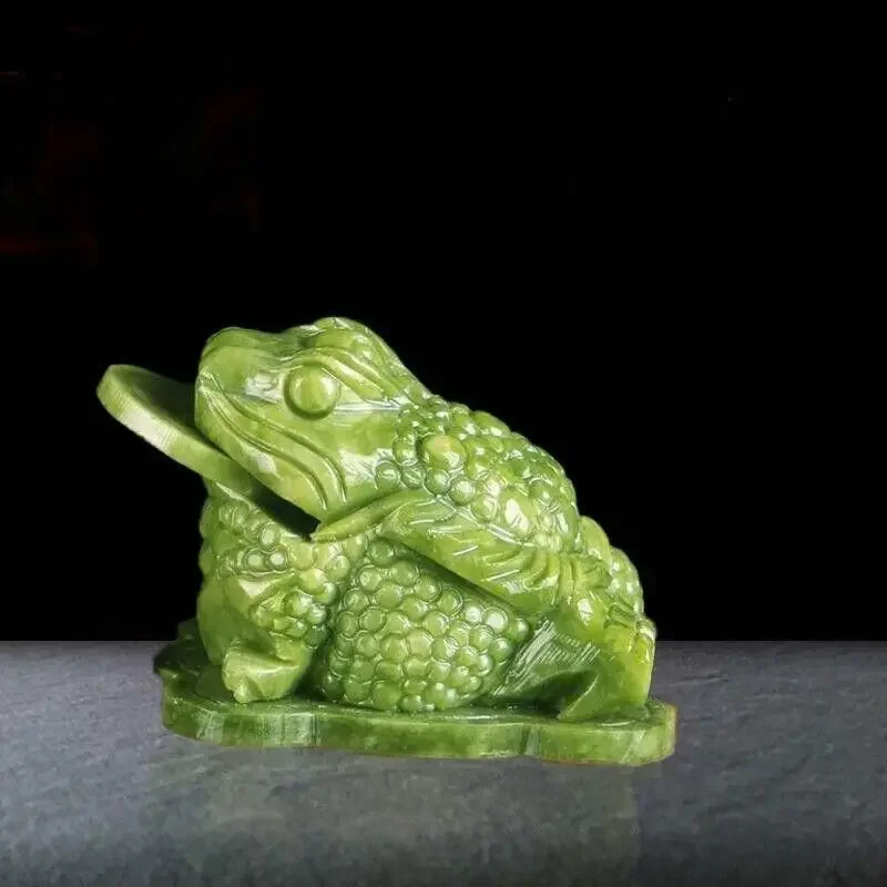 Feng Shui Decor Natural Jade Carved 3 Legged Toad Coins Statue Money Frog Ingots 3