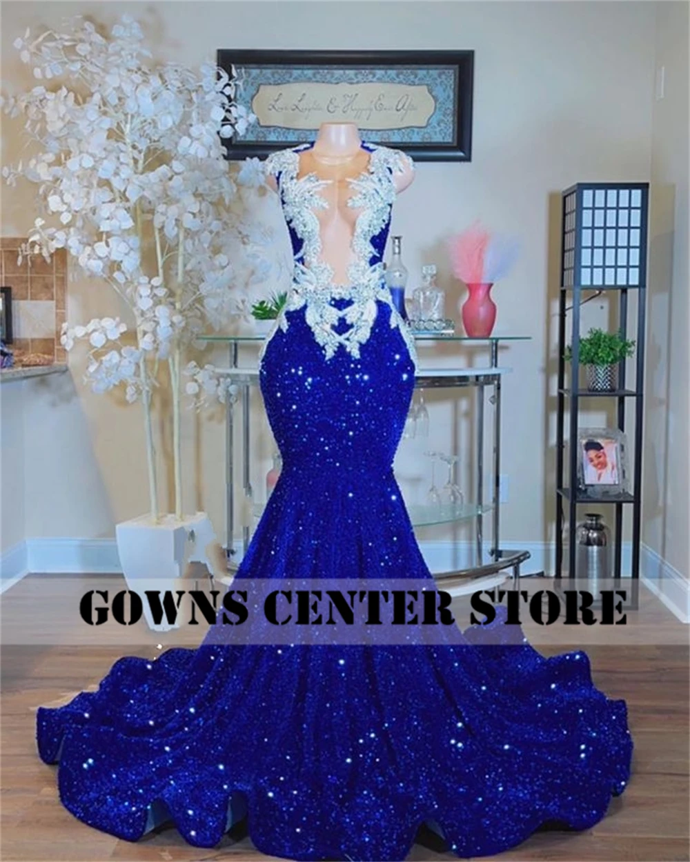 Elegant Royal Blue Sequin Prom Dresses Black Girls Silver Beaded